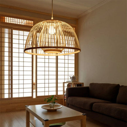 Traditional Japanese Dome Semicircle Bamboo Lampshade 1 - Light Chandelier For Dining Room