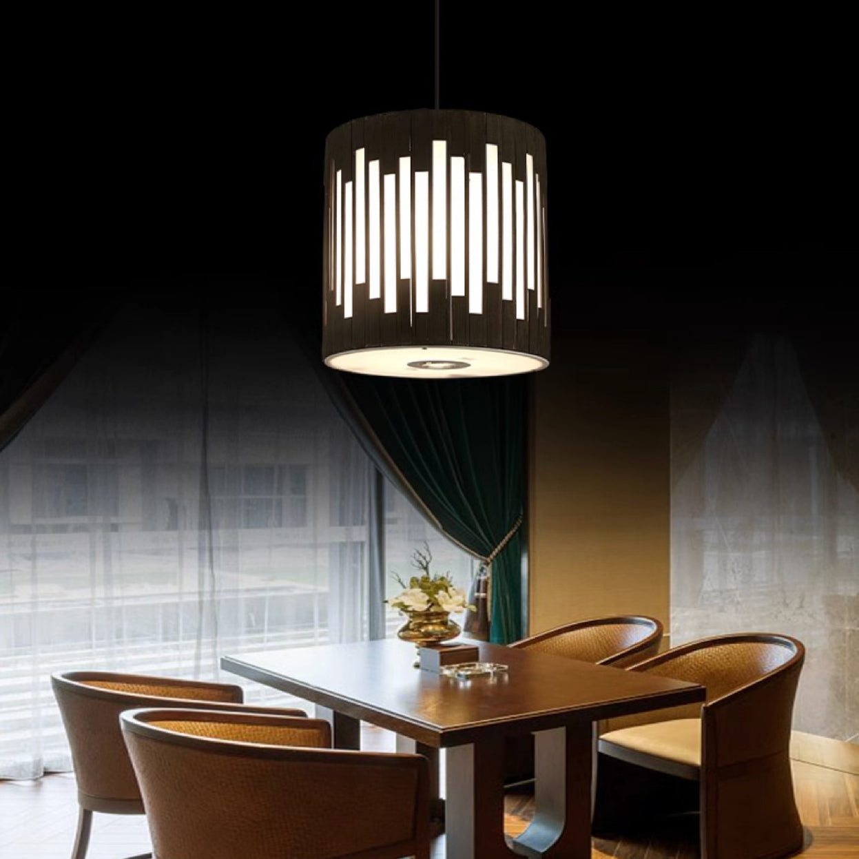Contemporary Industrial Cylindrical Vertical Lines Bamboo Weaving 1 - Light Pendant Light For Dining Room