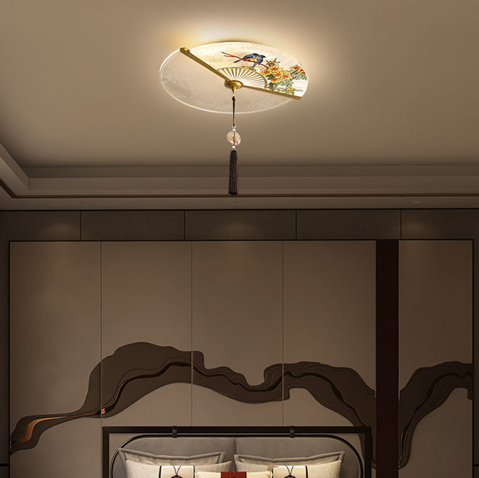 Traditional Chinese Circular Sector Double Nesting Pattern Acrylic Aluminum LED Flush Mount Ceiling Light For Bedroom