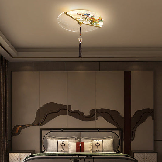 Traditional Chinese Circular Sector Double Nesting Pattern Acrylic Aluminum LED Flush Mount Ceiling Light For Bedroom