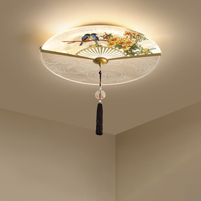 Traditional Chinese Circular Sector Double Nesting Pattern Acrylic Aluminum LED Flush Mount Ceiling Light For Bedroom