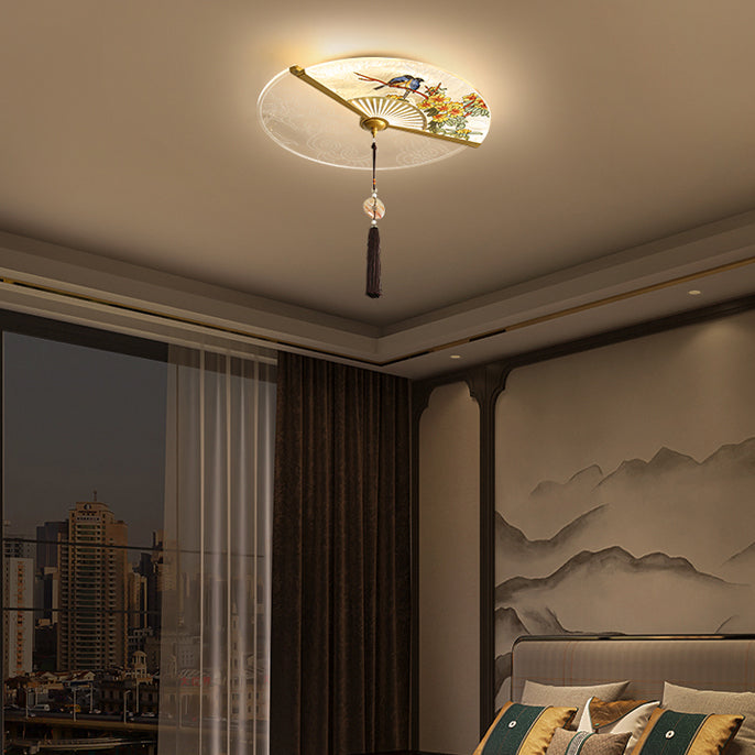 Traditional Chinese Circular Sector Double Nesting Pattern Acrylic Aluminum LED Flush Mount Ceiling Light For Bedroom