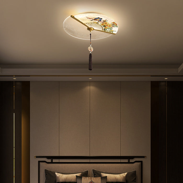 Traditional Chinese Circular Sector Double Nesting Pattern Acrylic Aluminum LED Flush Mount Ceiling Light For Bedroom