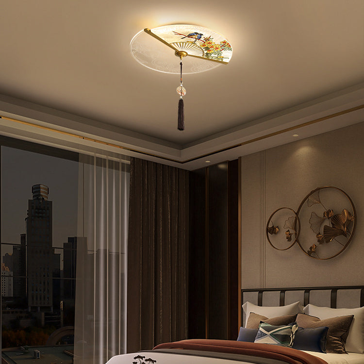 Traditional Chinese Circular Sector Double Nesting Pattern Acrylic Aluminum LED Flush Mount Ceiling Light For Bedroom