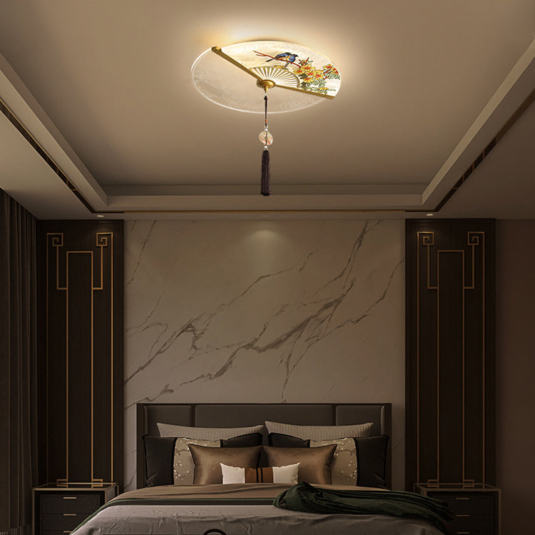 Traditional Chinese Circular Sector Double Nesting Pattern Acrylic Aluminum LED Flush Mount Ceiling Light For Bedroom