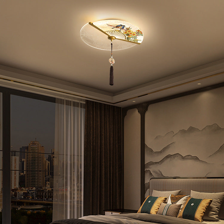 Traditional Chinese Circular Sector Double Nesting Pattern Acrylic Aluminum LED Flush Mount Ceiling Light For Bedroom