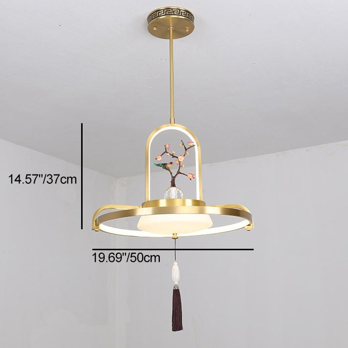 Traditional Chinese Dome Round Magpie Resin Copper LED Chandeliers For Dining Room