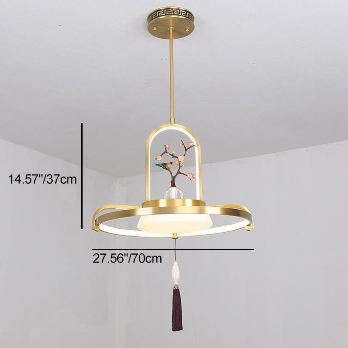 Traditional Chinese Dome Round Magpie Resin Copper LED Chandeliers For Dining Room
