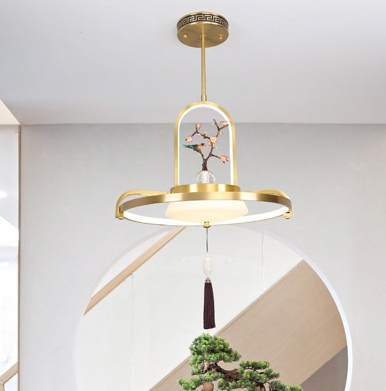 Traditional Chinese Dome Round Magpie Resin Copper LED Chandeliers For Dining Room