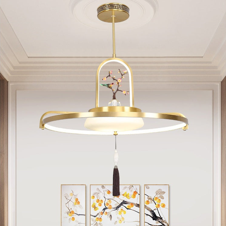 Traditional Chinese Dome Round Magpie Resin Copper LED Chandeliers For Dining Room