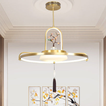 Traditional Chinese Dome Round Magpie Resin Copper LED Chandeliers For Dining Room