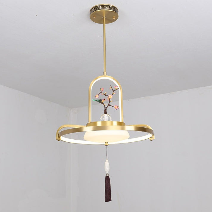 Traditional Chinese Dome Round Magpie Resin Copper LED Chandeliers For Dining Room