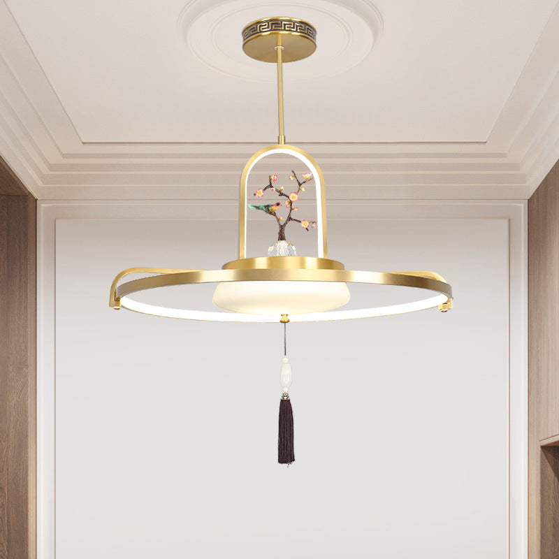 Traditional Chinese Dome Round Magpie Resin Copper LED Chandeliers For Dining Room