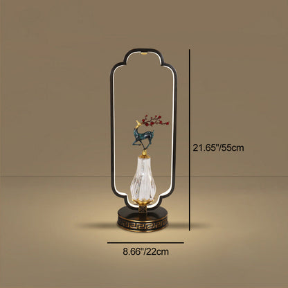 Traditional Chinese Gourd Magpie Deer Crystal Resin Copper Round Base LED Table Lamp For Bedroom