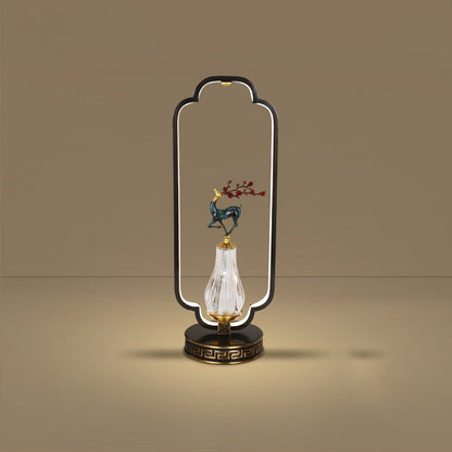 Traditional Chinese Gourd Magpie Deer Crystal Resin Copper Round Base LED Table Lamp For Bedroom