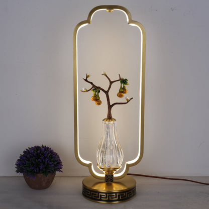 Traditional Chinese Gourd Magpie Deer Crystal Resin Copper Round Base LED Table Lamp For Bedroom
