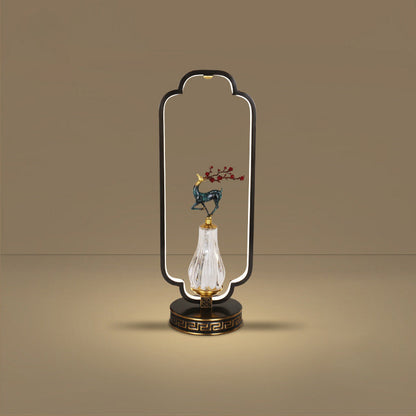 Traditional Chinese Gourd Magpie Deer Crystal Resin Copper Round Base LED Table Lamp For Bedroom