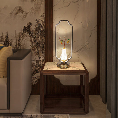 Traditional Chinese Gourd Magpie Deer Crystal Resin Copper Round Base LED Table Lamp For Bedroom