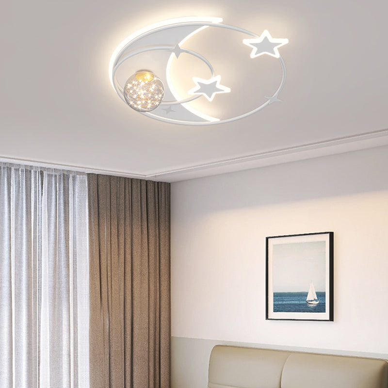 Contemporary Creative Round Starry Sky Moon Star Iron Acrylic LED Flush Mount Ceiling Light For Bedroom