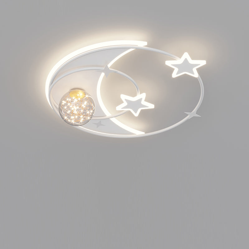 Contemporary Creative Round Starry Sky Moon Star Iron Acrylic LED Flush Mount Ceiling Light For Bedroom