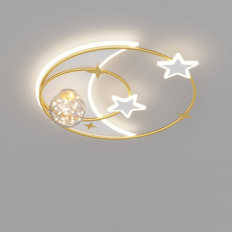 Contemporary Creative Round Starry Sky Moon Star Iron Acrylic LED Flush Mount Ceiling Light For Bedroom