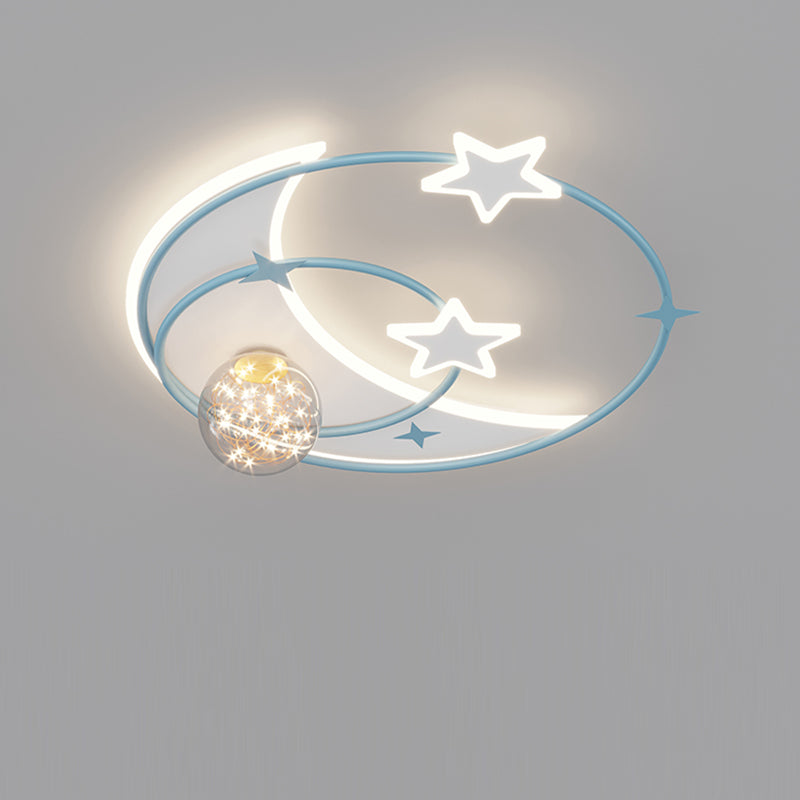 Contemporary Creative Round Starry Sky Moon Star Iron Acrylic LED Flush Mount Ceiling Light For Bedroom