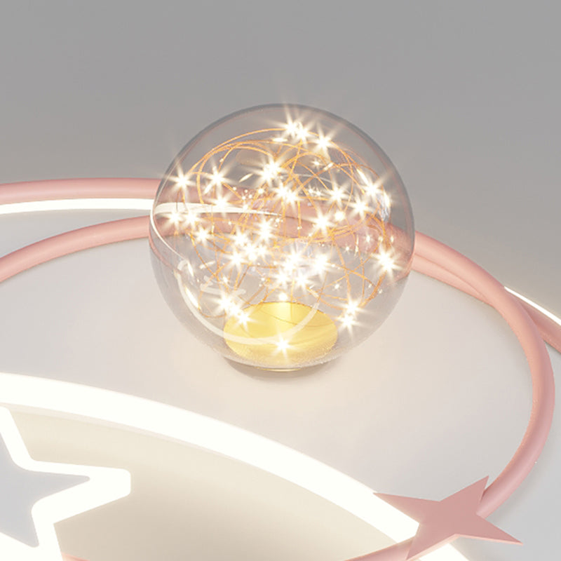 Contemporary Creative Round Starry Sky Moon Star Iron Acrylic LED Flush Mount Ceiling Light For Bedroom