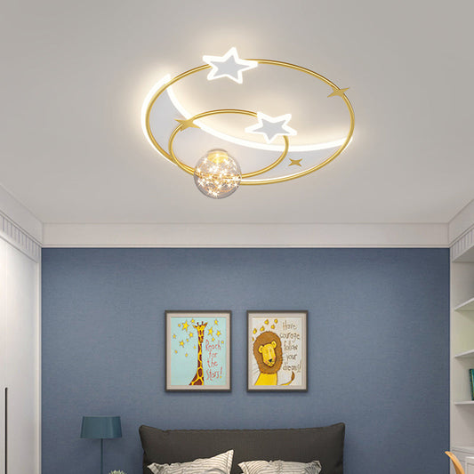 Contemporary Creative Round Starry Sky Moon Star Iron Acrylic LED Flush Mount Ceiling Light For Bedroom
