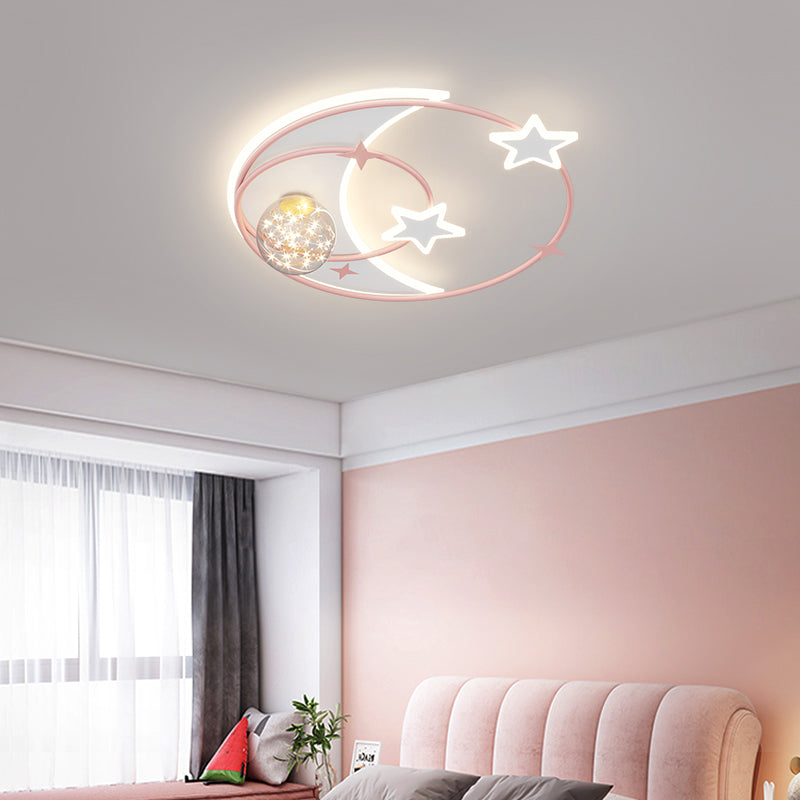 Contemporary Creative Round Starry Sky Moon Star Iron Acrylic LED Flush Mount Ceiling Light For Bedroom