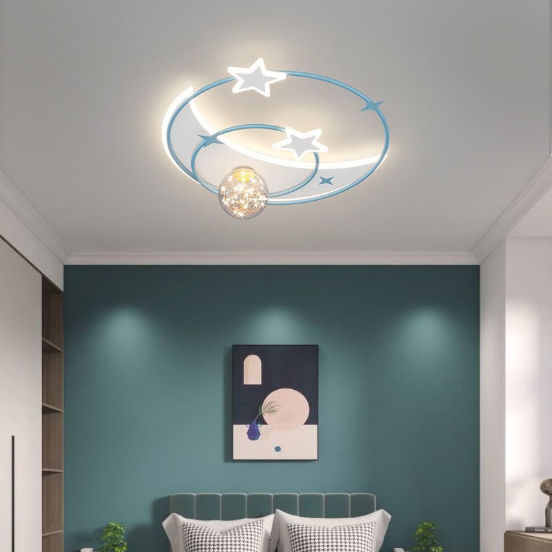 Contemporary Creative Round Starry Sky Moon Star Iron Acrylic LED Flush Mount Ceiling Light For Bedroom