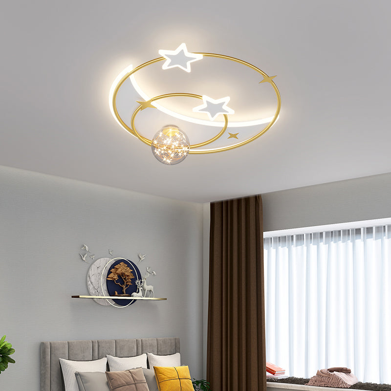 Contemporary Creative Round Starry Sky Moon Star Iron Acrylic LED Flush Mount Ceiling Light For Bedroom