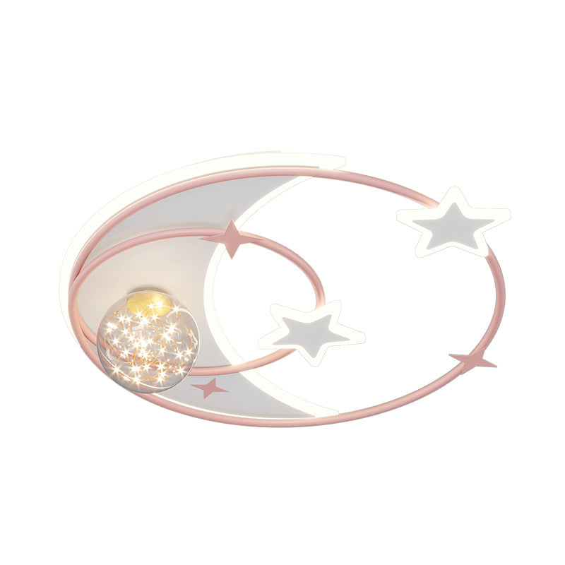 Contemporary Creative Round Starry Sky Moon Star Iron Acrylic LED Flush Mount Ceiling Light For Bedroom