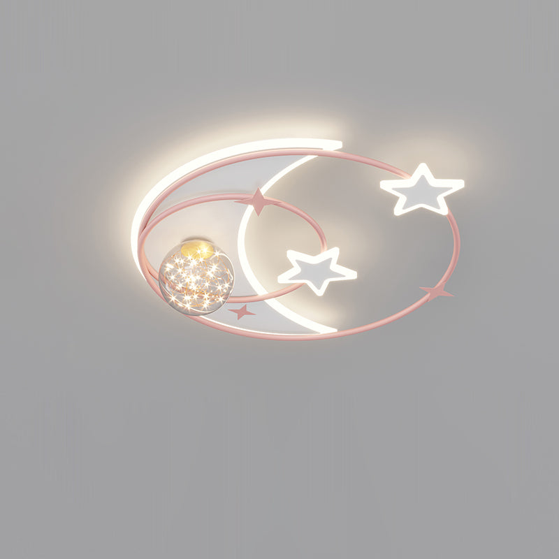Contemporary Creative Round Starry Sky Moon Star Iron Acrylic LED Flush Mount Ceiling Light For Bedroom