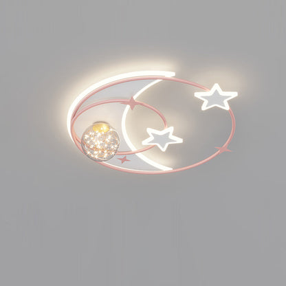 Contemporary Creative Round Starry Sky Moon Star Iron Acrylic LED Flush Mount Ceiling Light For Bedroom