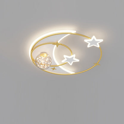Contemporary Creative Round Starry Sky Moon Star Iron Acrylic LED Flush Mount Ceiling Light For Bedroom