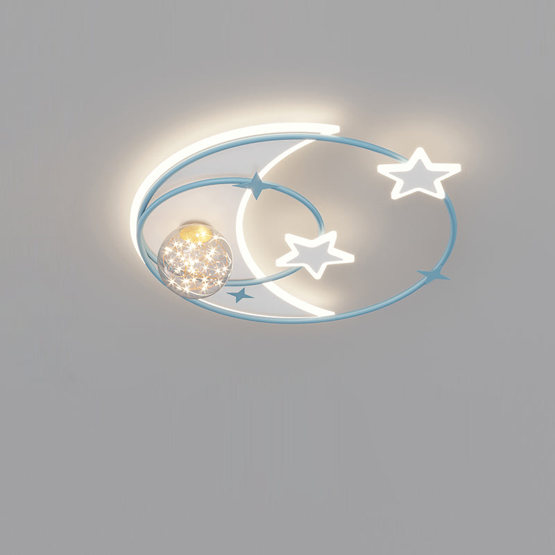 Contemporary Creative Round Starry Sky Moon Star Iron Acrylic LED Flush Mount Ceiling Light For Bedroom