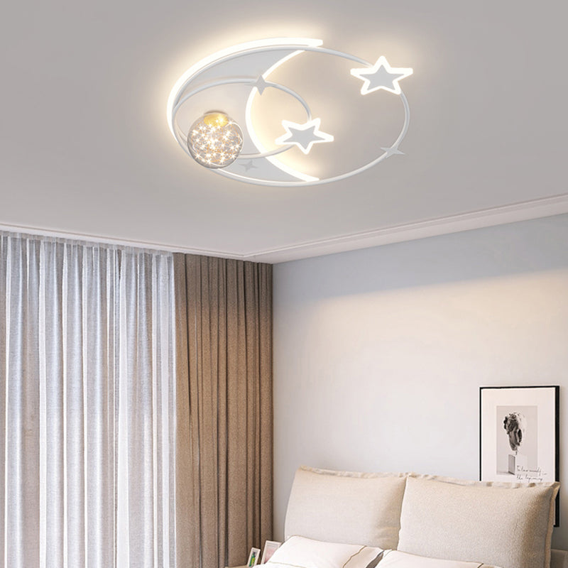 Contemporary Creative Round Starry Sky Moon Star Iron Acrylic LED Flush Mount Ceiling Light For Bedroom