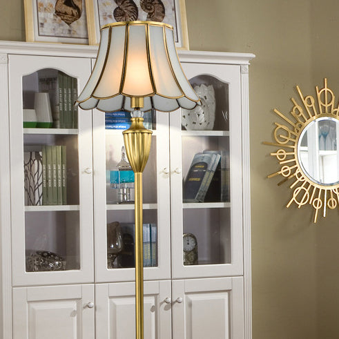 Traditional European Hat Shape Full Copper Glass 1 - Light Standing Floor Lamp For Living Room
