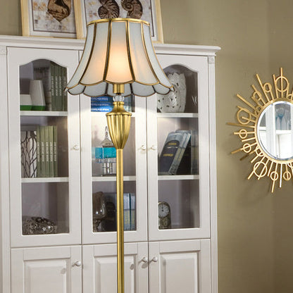 Traditional European Hat Shape Full Copper Glass 1 - Light Standing Floor Lamp For Living Room