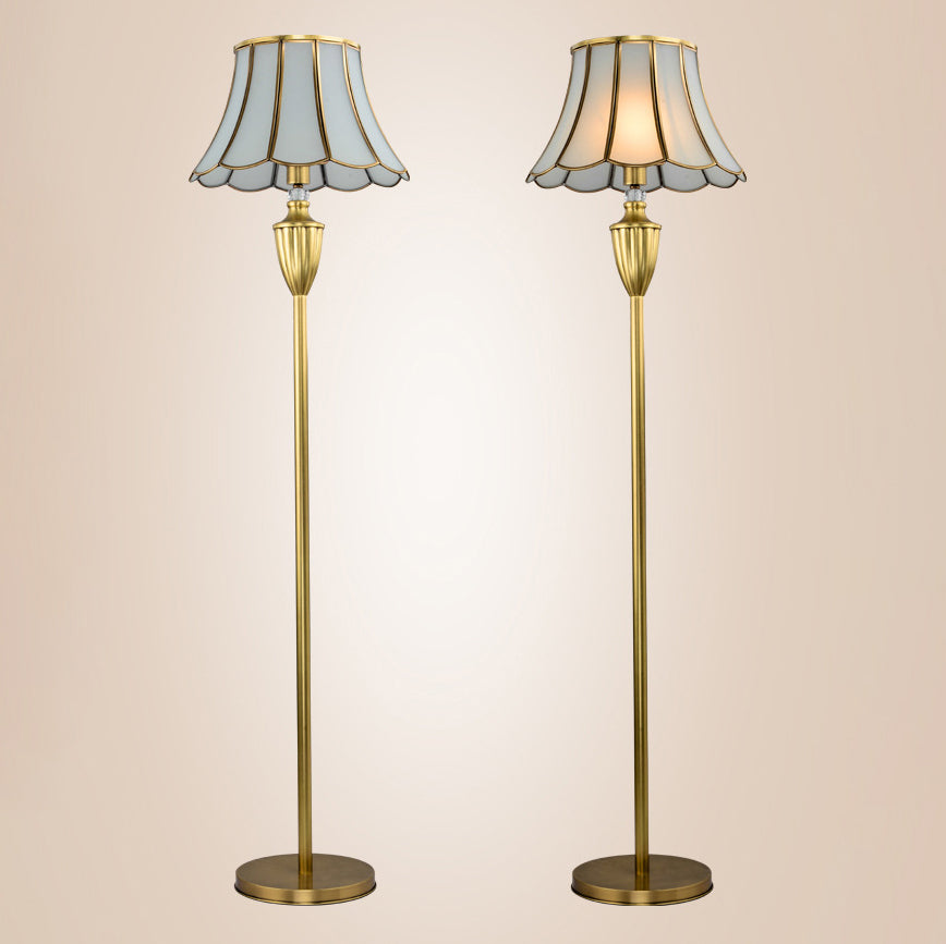 Traditional European Hat Shape Full Copper Glass 1 - Light Standing Floor Lamp For Living Room