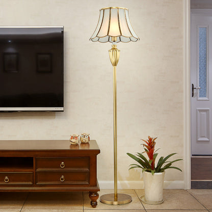 Traditional European Hat Shape Full Copper Glass 1 - Light Standing Floor Lamp For Living Room