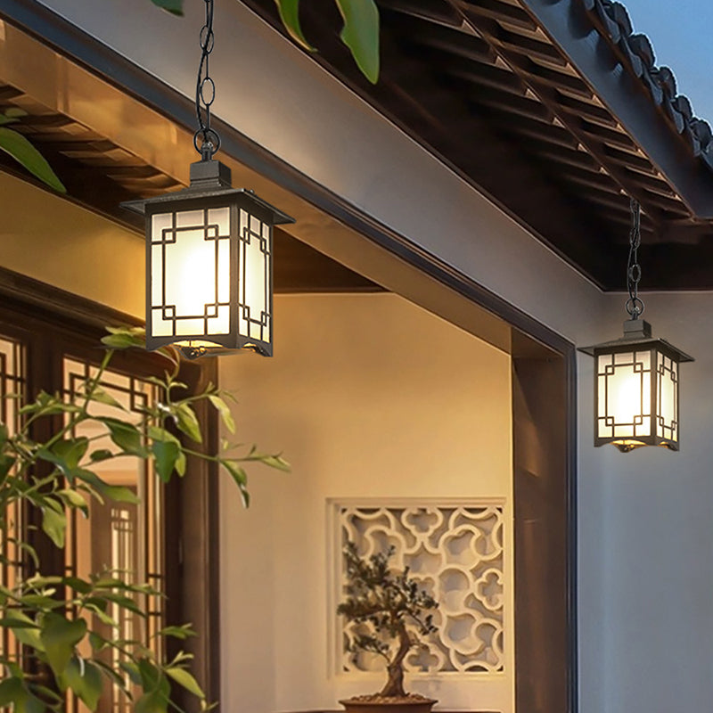 Traditional Chinese Dome Waterproof Square Cube Aluminum Iron Glass 1 - Light Pendant Light For Outdoor Patio