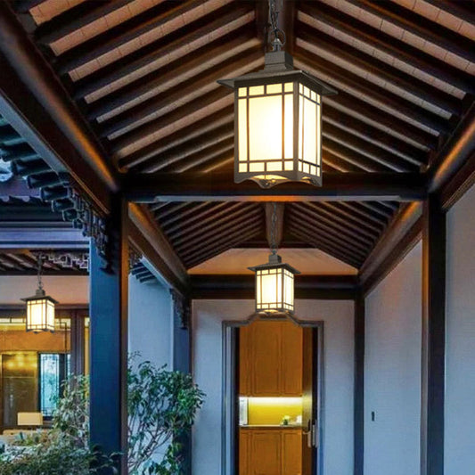Traditional Chinese Dome Waterproof Square Cube Aluminum Iron Glass 1 - Light Pendant Light For Outdoor Patio