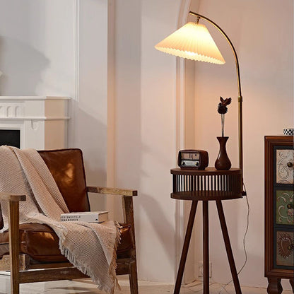 Contemporary Nordic Solid Wood Table Umbrella Fabric Lampshade Hardware 1 - Light Standing Floor Lamp For Living Room