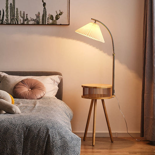 Contemporary Nordic Solid Wood Table Umbrella Fabric Lampshade Hardware 1 - Light Standing Floor Lamp For Living Room