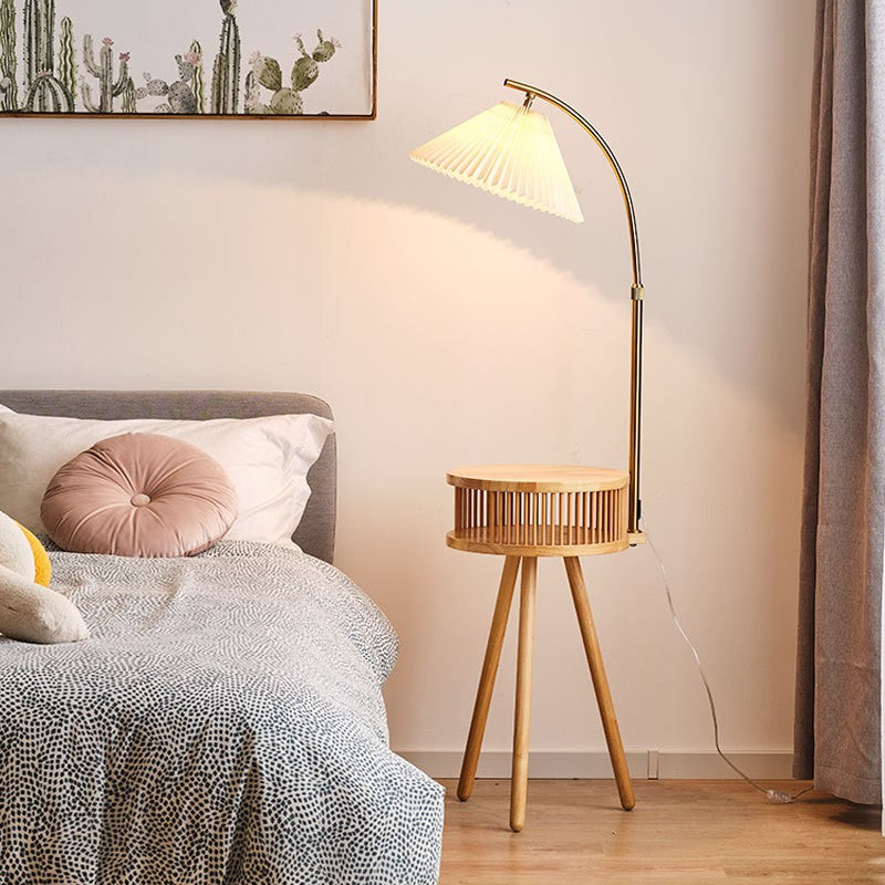 Contemporary Nordic Solid Wood Table Umbrella Fabric Lampshade Hardware 1 - Light Standing Floor Lamp For Living Room