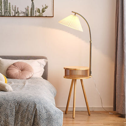 Contemporary Nordic Solid Wood Table Umbrella Fabric Lampshade Hardware 1 - Light Standing Floor Lamp For Living Room