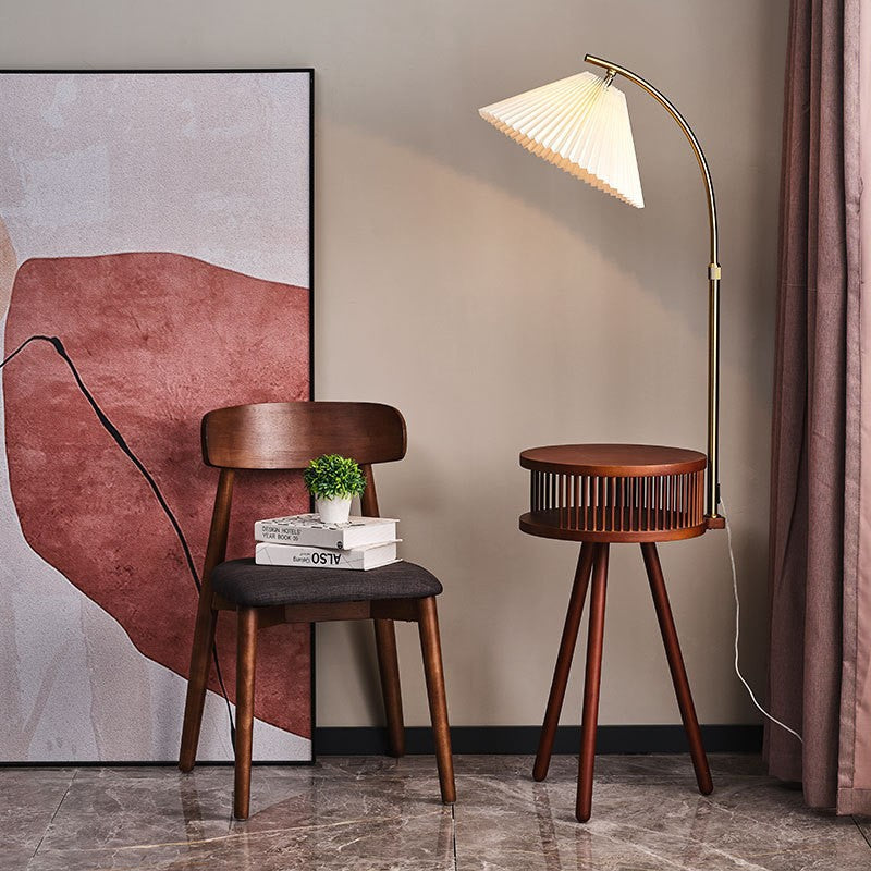 Contemporary Nordic Solid Wood Table Umbrella Fabric Lampshade Hardware 1 - Light Standing Floor Lamp For Living Room