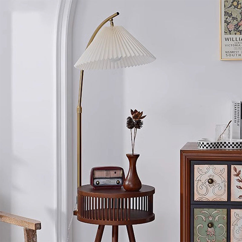 Contemporary Nordic Solid Wood Table Umbrella Fabric Lampshade Hardware 1 - Light Standing Floor Lamp For Living Room