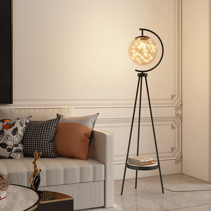 Contemporary Nordic Round Orb Baby's Breath Glass Lampshade Iron Base LED Standing Floor Lamp For Living Room